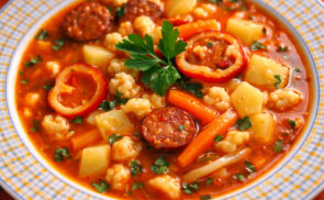 Paradicsomos,kolbászos burgonyaleves