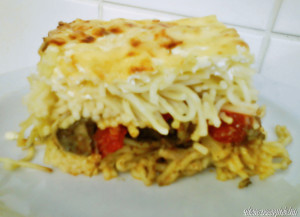 Csirkemájas rakott spagetti