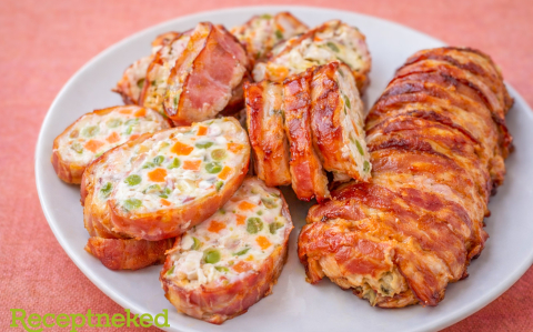 Rakott csirkemell baconben sütve