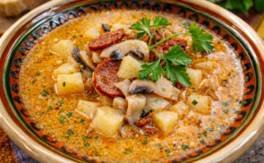 Kolbászos, gombás karalábé leves