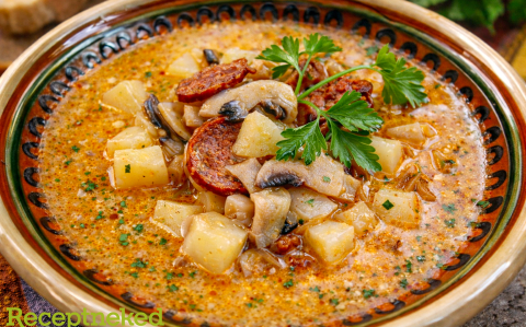 Kolbászos, gombás karalábé leves