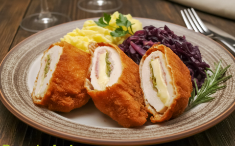 Sajttal, sonkával, baconnal, medvehagymával töltött csirkemell