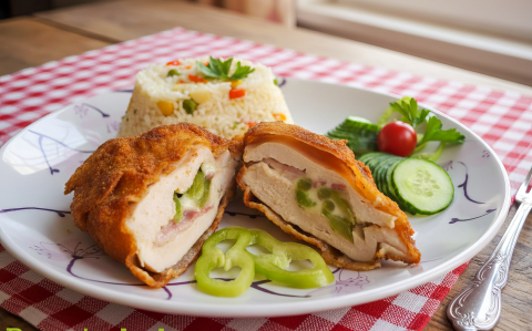 Rántott csirkemell sajttal, baconnal és csípős paprikával töltve