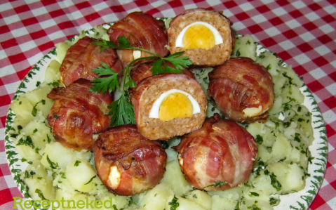 Tojással töltött baconos fasírt recept fotóval Tojással töltött baconos fasírt