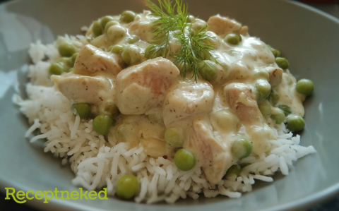 Mustáros csirkefalatok zöldborsóval