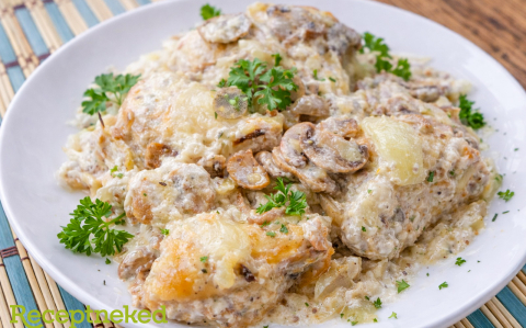 Tejfölös gombamártással sült hagymás csirkecomb