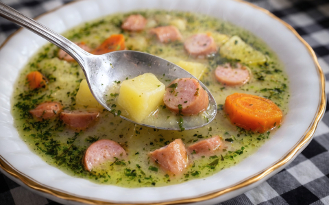 Tárkonyos burgonya leves virslivel