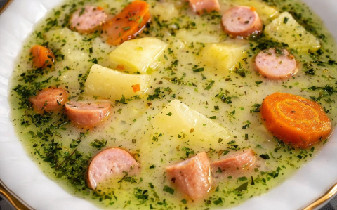 Tárkonyos burgonya leves virslivel