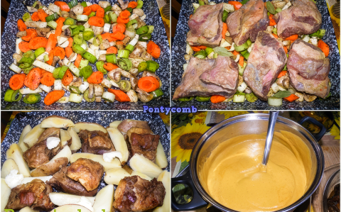 Marhasült vadas mártással és burgonyával