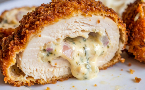 Fűszeres sajttal, lilahagymával töltött csirkemell