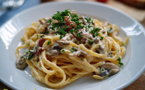 Tejszínes gombás-baconos tészta recept fotóval Tejszínes gombás-baconos tészta