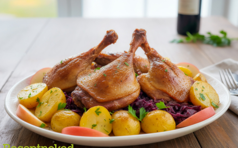 Sült libacomb párolt vörös káposztával és burgonyával