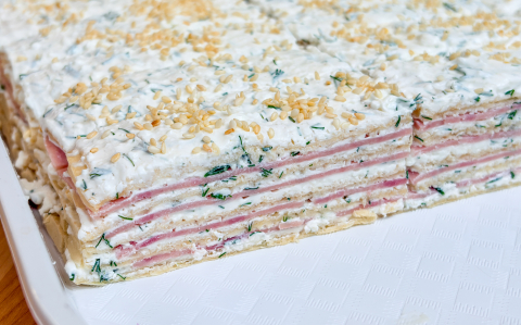 Túrós-sonkás ostyatorta